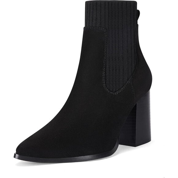⚡Women's Cool Black Ankle Boots Sock Pointed Toe Chunky Stacked High Heel - Picture 1 of 6